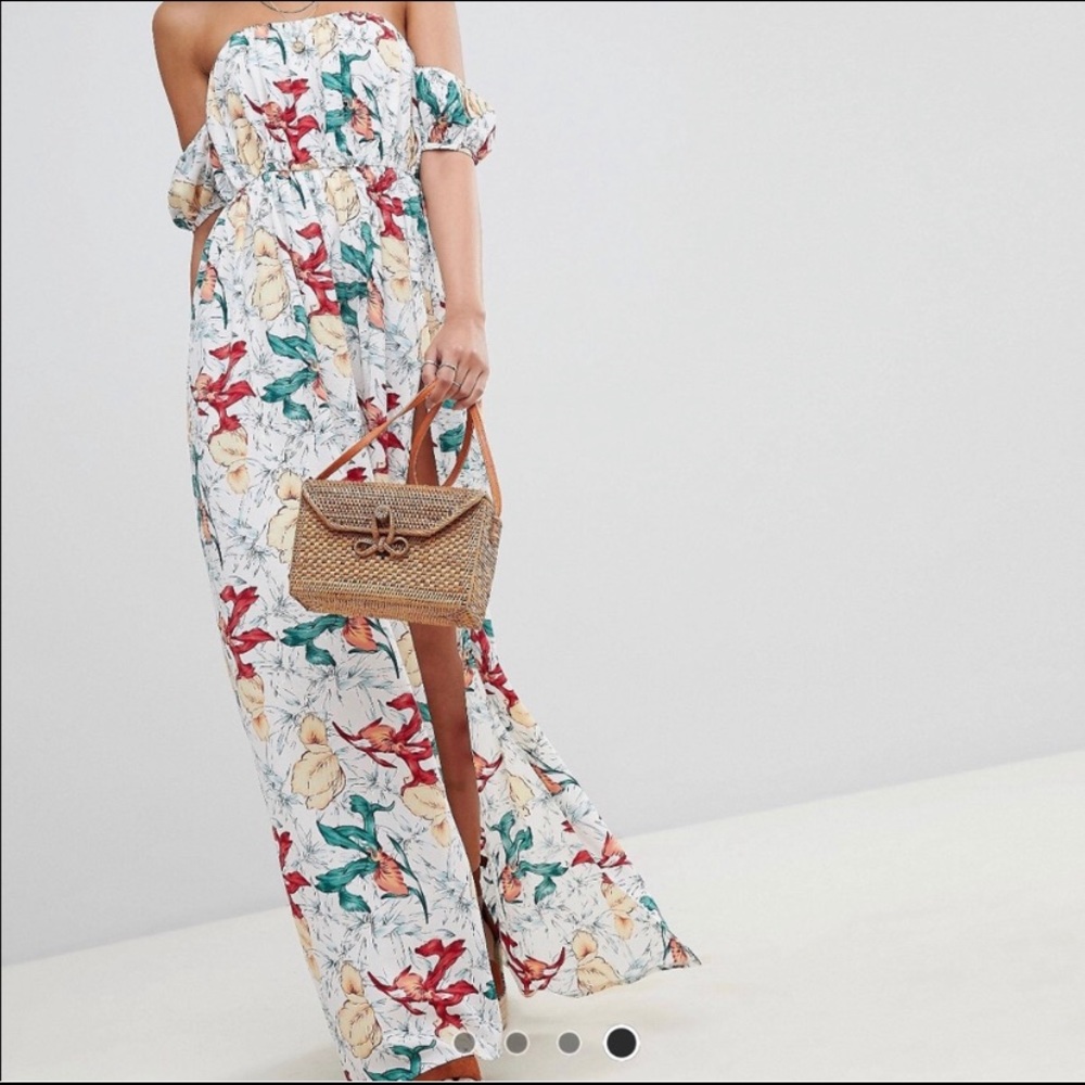 Bardot side split floral maxi dress